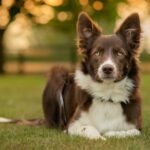 Un Border Collie marrone sdraiato sull'erba, con uno sguardo attento e curioso.