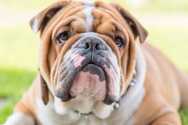 Un Bulldog Inglese con il suo caratteristico muso e pelo marrone chiaro.