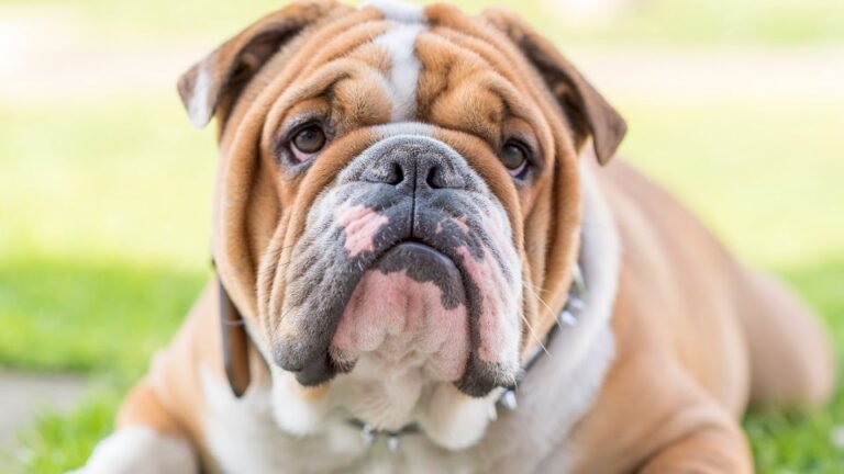 Un Bulldog Inglese con il suo caratteristico muso e pelo marrone chiaro.