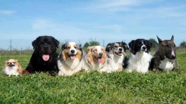 Un gruppo di cani felici di diverse razze seduti su un prato verde.