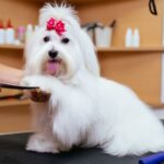 Cane bianco con fiocco rosso mentre viene tosato da un toelettatore.