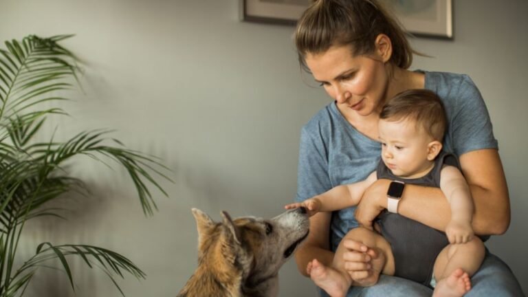Una madre tiene in braccio un bambino mentre un cane si avvicina curioso.