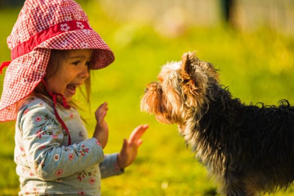 Una bambina sorride mentre interagisce con un cane in un prato verde.